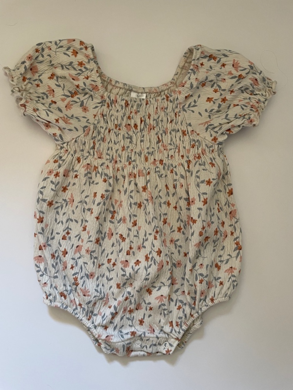 Cream Floral Smocked Baby Bubble Romper with Puff Sleeves size 12 months